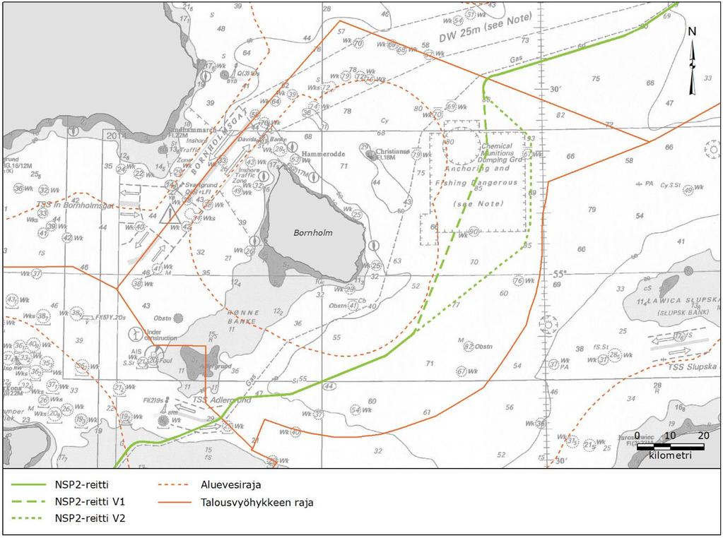 3 /7 Kuva 2-1 Ehdotettu NSP2-reititys Itämeren Tanskalle kuuluvalla alueella.