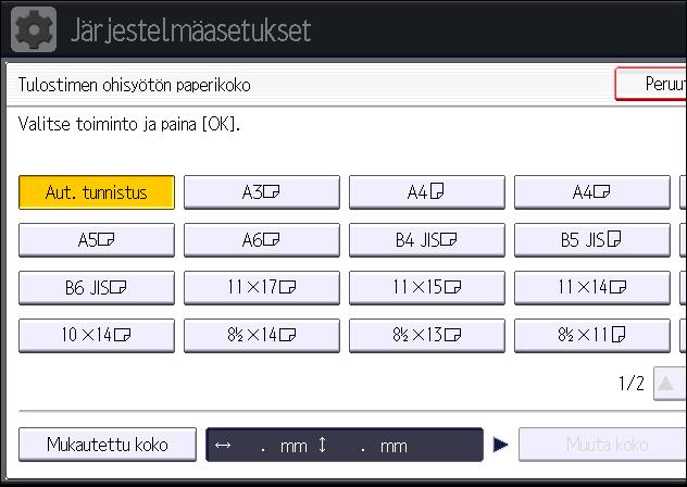 9. Paperin ja väriaineen lisääminen [Tulostimen ohisyötön paperikoon] oletusasetus on [Aut. tunnistus]. Paperikoon asetukset käyttöpaneelilta 1. Paina [Käyttäjän työkalut/laskuri]. CJS039 2.
