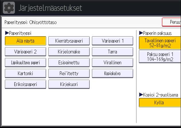 9. Paperin ja väriaineen lisääminen 1. Paina [Käyttäjän työkalut/laskuri]. 2. Paina [Kasetin paperiasetus]. 3. Paina [ Seuraava]. 4. Paina [Paperityyppi: Ohisyöttötaso]. CJS039 5.