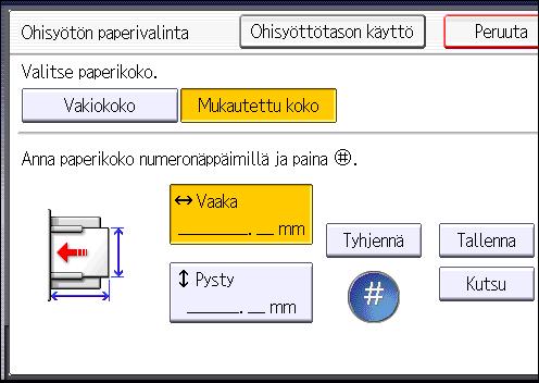 3. Kopiointi Mukautetulle paperikoolle kopiointi ohisyöttötasolta Ohisyöttötasolta voidaan syöttää paperia, jonka leveys on 139,7-600 mm (5,50-23,62 tuumaa) ja pituus 100,0-305,0 mm (3,94-12,00