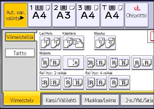 Viimeistely 2. Paina [Viimeistelijä]. 3. Valitse yksi käytössä olevista rei'ityskohdista. 4. Paina [OK]. 5. Anna kopiosarjojen lukumäärä numeronäppäimillä. 6. Aseta alkuperäiset ja paina [Aloita].