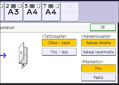 Viimeistely 2. Paina [Taitto]. 3. Paina [Kirjetaitto (ulos)]. 4. Paina [Muuta]. 5. Valitse [Taittosuunta], [Aukeamissuunta] ja [Monitaitto]. 6. Paina [OK] kaksi kertaa. 7.