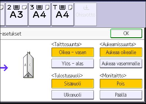 3. Kopiointi 1. Paina [Viimeistely]. 2. Paina [Taitto]. 3. Paina [Kirjetaitto (sisään)]. 4. Paina [Muuta]. 5. Valitse [Taittosuunta], [Aukeamissuunta], [Tulostuspuoli] ja [Monitaitto]. 6.