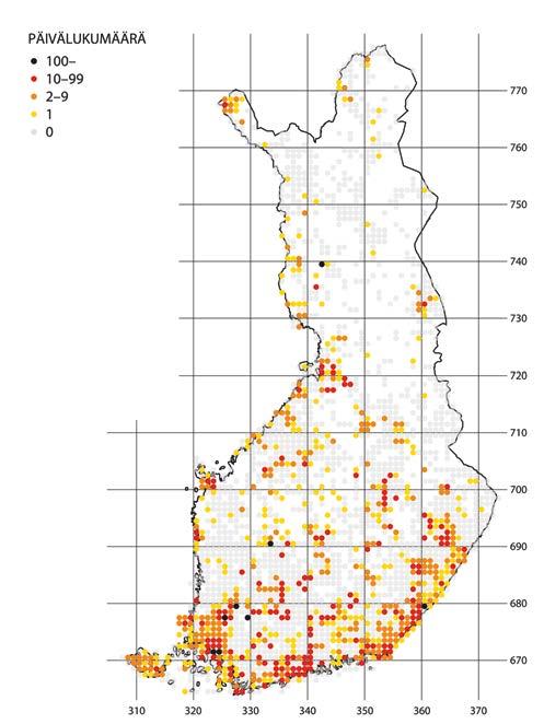 Kuva 1. Yhtenäiskoordinaattiruudut (10 10 km), joista seurantaan ilmoitettiin tietoja vuonna 2014. Harmaista ruuduista on seurantatietoja vain aiemmilta vuosilta. Fig. 1. The Finnish uniform 27 E grid quadrats (10 10 km) with butterfly observations in 2014; scale indicates the number of observation days in each quadrat.